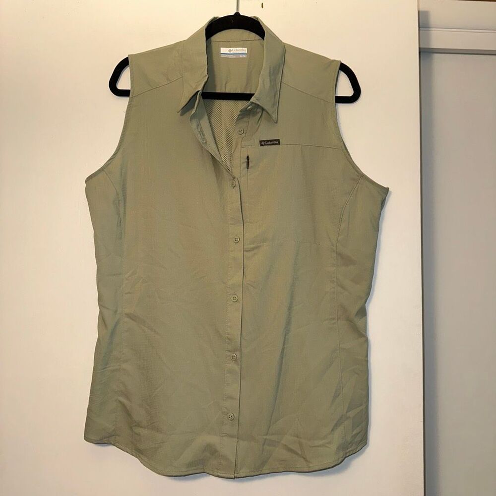Columbia Womens XL Sleeveless Button Down Collared Hiking Shirt Olive Green NWOT